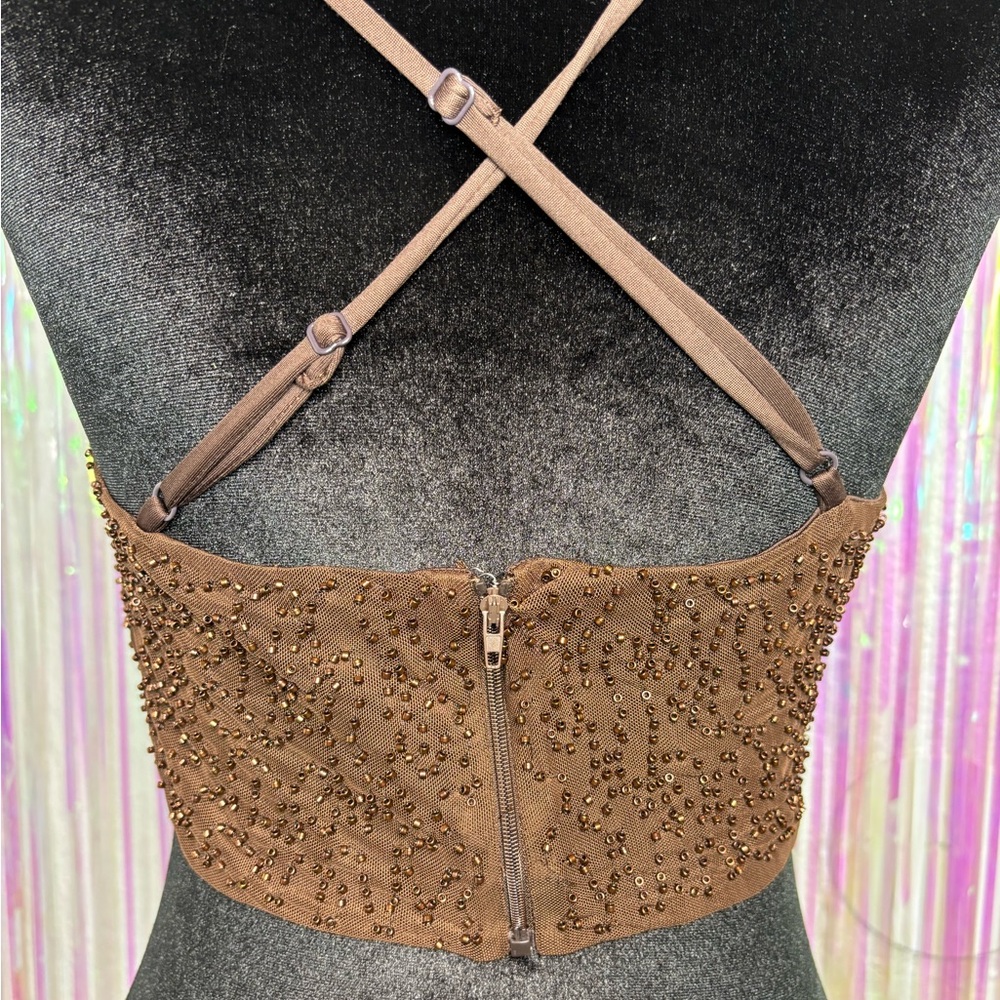 Brown Beaded Cowl Halter Crop Top, Adjustable Straps, Sz M Windsor NWT Y2K Bratz - Picture 6 of 12